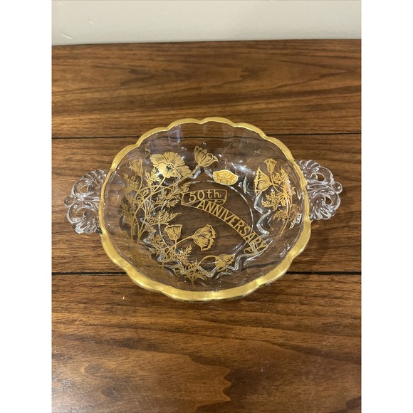 50th Anniversary Ashtray Dish 22k Gold Overlay Clear by Crystal Glass Vintage - Picture 1 of 5